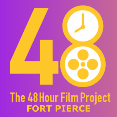 Logo for The 48 Hour Film Project Fort Pierce: large yellow '48' with a clock circle on the right on a purple gradient background, with event text below.