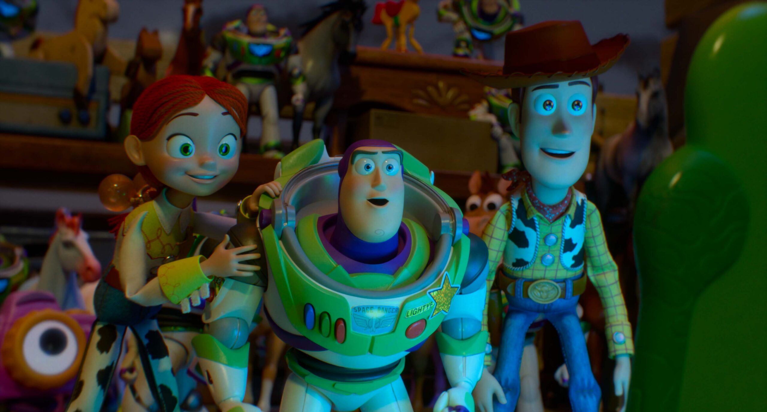 Buzz Lightyear central figure with Jessie on the left and Woody on the right in a colorful toy display scene.